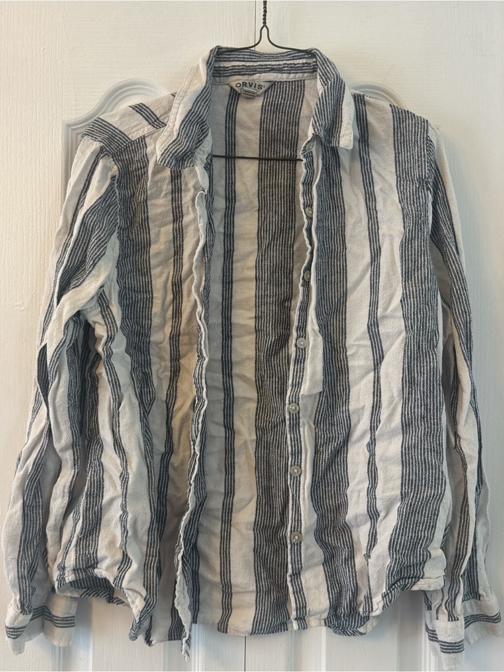 Orvis Linen blend White & Navy Striped Button-Up Shirt Jacket